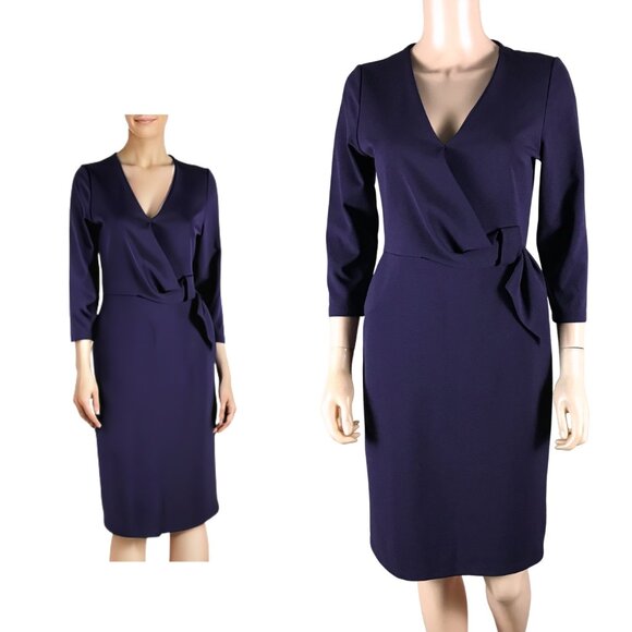 ESTELLE Indigo Structured Crepe Faux Wrap Sheath Dress SMALL - Picture 1 of 10